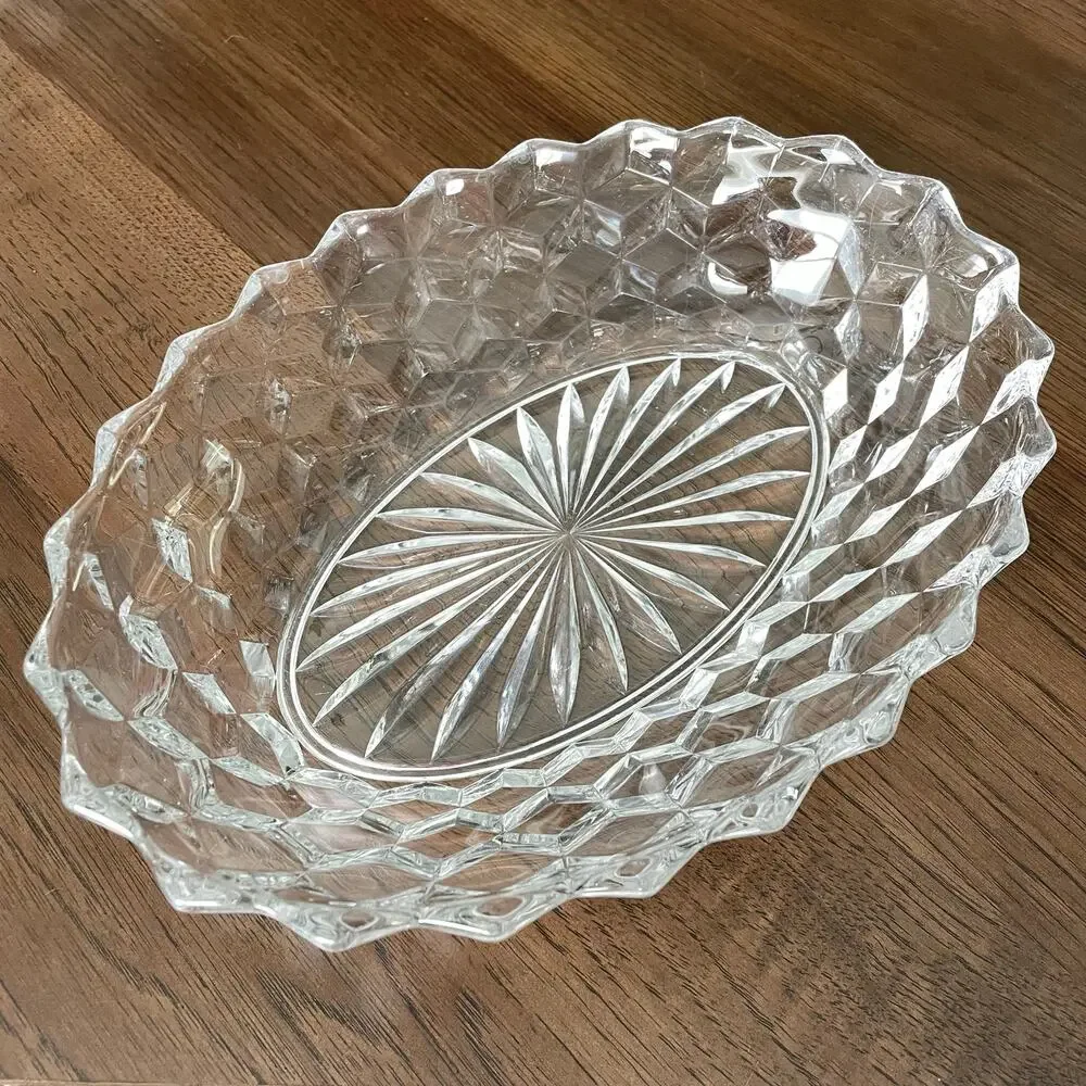 Fostoria American Clear Glass Oval Dish Bowl Serving Cubist Starburst Diamond
